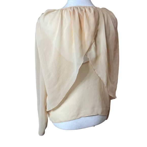 ZARA Woman Sheer Cream Crepe Long Sleeve Blouse Faux Wrap Back Ruched Flowy Med - Picture 6 of 7